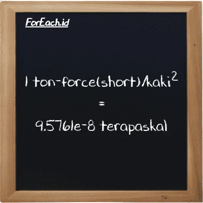 1 ton-force(short)/kaki<sup>2</sup> setara dengan 9.5761e-8 terapaskal (1 tf/ft<sup>2</sup> setara dengan 9.5761e-8 TPa)